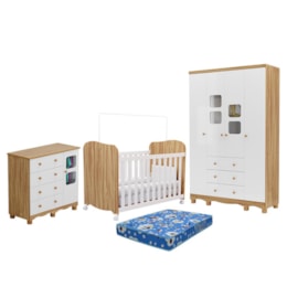 Dormitório Uli Guarda Roupa 4 Portas, Cômoda e Berço Branco Brilho/Amêndoa com Colchão Baby Physical - Móveis Peroba