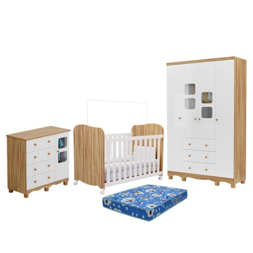 Dormitório Uli Guarda Roupa 4 Portas, Cômoda e Berço Branco Brilho/Amêndoa com Colchão Baby Physical - Móveis Peroba
