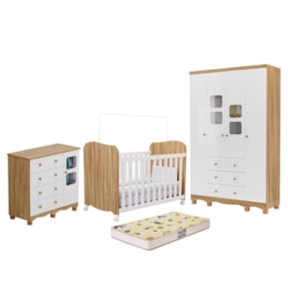 Dormitório Uli Guarda Roupa 4 Portas, Cômoda e Berço Branco Brilho/Amêndoa com Colchão Supreme - Móveis Peroba