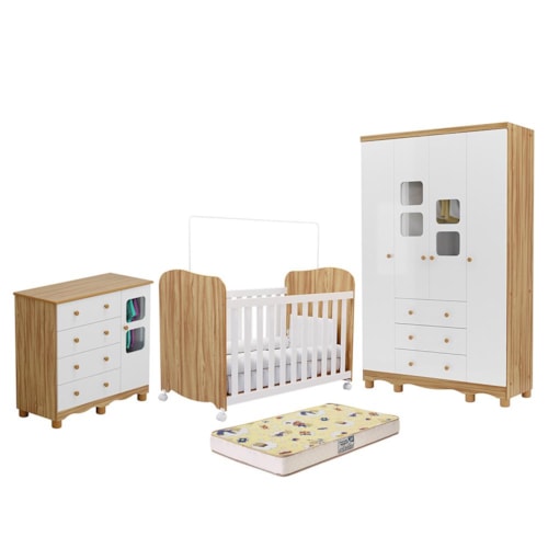 Dormitório Uli Guarda Roupa 4 Portas, Cômoda e Berço Branco Brilho/Amêndoa com Colchão Supreme - Móveis Peroba