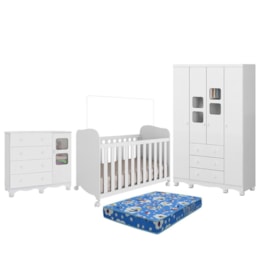 Dormitório Uli Guarda Roupa 4 Portas, Cômoda e Berço Branco Brilho com Colchão Baby Physical - Móveis Peroba