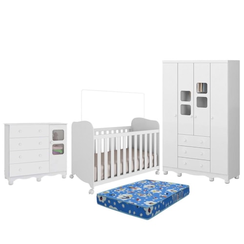 Dormitório Uli Guarda Roupa 4 Portas, Cômoda e Berço Branco Brilho com Colchão Baby Physical - Móveis Peroba