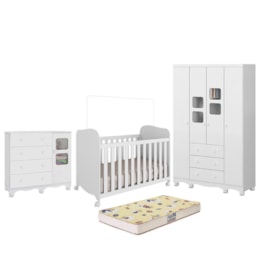 Dormitório Uli Guarda Roupa 4 Portas, Cômoda e Berço Branco Brilho com Colchão Supreme - Móveis Peroba