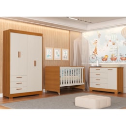 Dormitório Zaki Guarda Roupa, Cômoda e Berço Evolution Areia Fosco/Savana com Colchão Physical - Reller Móveis