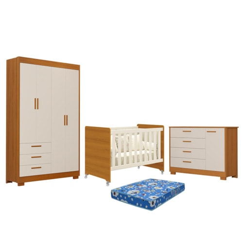 Dormitório Zaki Guarda Roupa, Cômoda e Berço Evolution Areia Fosco/Savana com Colchão Physical - Reller Móveis