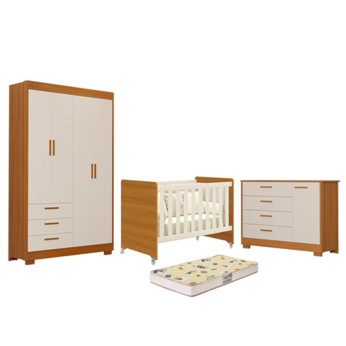 Dormitório Zaki Guarda Roupa, Cômoda e Berço Evolution Areia Fosco/Savana com Colchão Supreme - Reller Móveis