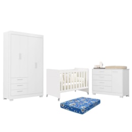 Dormitório Zaki Guarda Roupa, Cômoda e Berço Evolution Branco Fosco com Colchão Physical - Reller Móveis