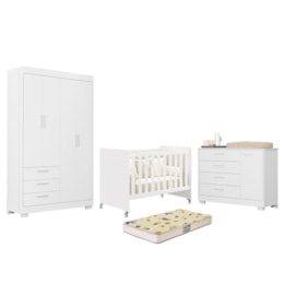 Dormitório Zaki Guarda Roupa, Cômoda e Berço Evolution Branco Fosco com Colchão Supreme - Reller Móveis