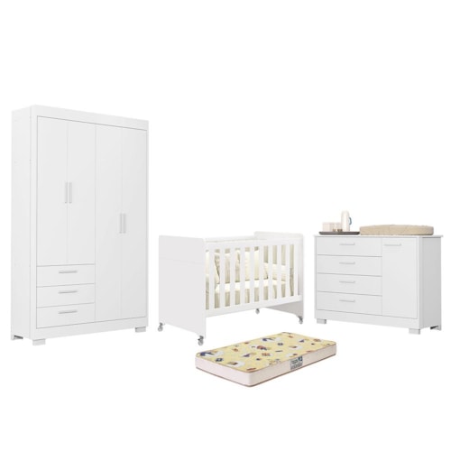 Dormitório Zaki Guarda Roupa, Cômoda e Berço Evolution Branco Fosco com Colchão Supreme - Reller Móveis
