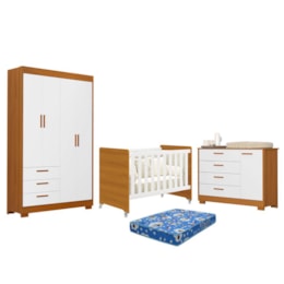 Dormitório Zaki Guarda Roupa, Cômoda e Berço Evolution Branco Fosco/Savana com Colchão Physical - Reller Móveis