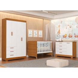 Dormitório Zaki Guarda Roupa, Cômoda e Berço Evolution Branco Fosco/Savana com Colchão Supreme - Reller Móveis