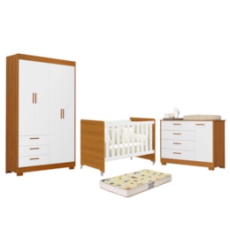 Dormitório Zaki Guarda Roupa, Cômoda e Berço Evolution Branco Fosco/Savana com Colchão Supreme - Reller Móveis