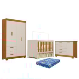 Dormitório Zaki Guarda Roupa, Cômoda e Berço Katatau Areia Fosco/Savana com Colchão Physical - Reller Móveis