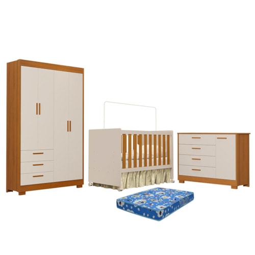 Dormitório Zaki Guarda Roupa, Cômoda e Berço Katatau Areia Fosco/Savana com Colchão Physical - Reller Móveis