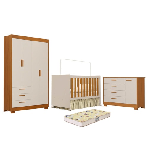 Dormitório Zaki Guarda Roupa, Cômoda e Berço Katatau Areia Fosco/Savana com Colchão Supreme - Reller Móveis