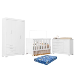 Dormitório Zaki Guarda Roupa, Cômoda e Berço Katatau Branco Fosco com Colchão Physical - Reller Móveis