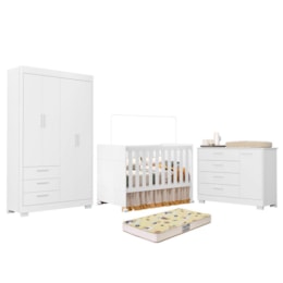 Dormitório Zaki Guarda Roupa, Cômoda e Berço Katatau Branco Fosco com Colchão Supreme - Reller Móveis