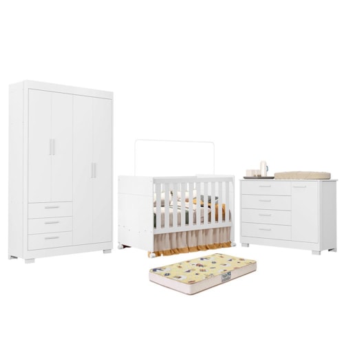 Dormitório Zaki Guarda Roupa, Cômoda e Berço Katatau Branco Fosco com Colchão Supreme - Reller Móveis