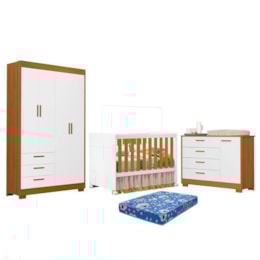 Dormitório Zaki Guarda Roupa, Cômoda e Berço Katatau Branco Fosco/Savana com Colchão Physical - Reller Móveis