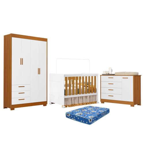 Dormitório Zaki Guarda Roupa, Cômoda e Berço Katatau Branco Fosco/Savana com Colchão Physical - Reller Móveis