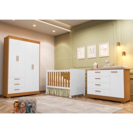 Dormitório Zaki Guarda Roupa, Cômoda e Berço Katatau Branco Fosco/Savana com Colchão Supreme - Reller Móveis