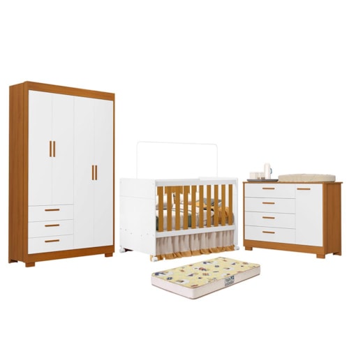 Dormitório Zaki Guarda Roupa, Cômoda e Berço Katatau Branco Fosco/Savana com Colchão Supreme - Reller Móveis