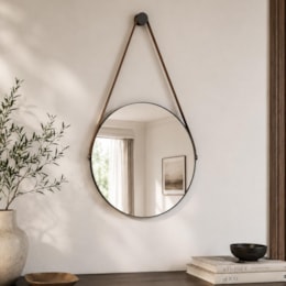 Espelho Decorativo Redondo com Alça de Couro Sunset Preto - Luapa