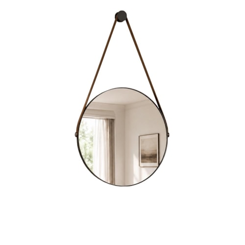 Espelho Decorativo Redondo com Alça de Couro Sunset Preto - Luapa