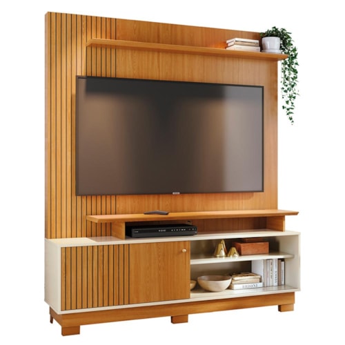 Estante Home Theater Ares Cinamomo/Off White para TV até 65” com Pés - Madetec
