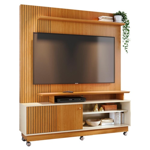 Estante Home Theater Ares Cinamomo/Off White para TV até 65” com Rodízios - Madetec