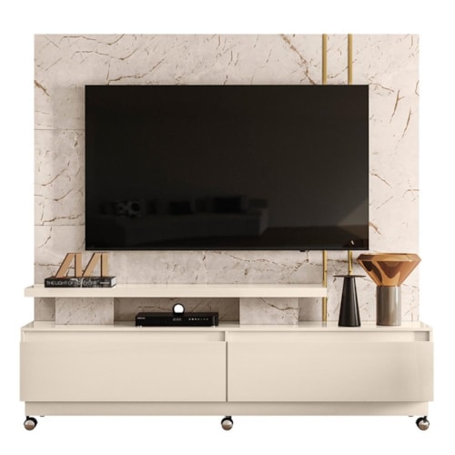 Estante Home Theater New Apolo Calacata/Off White para TV até 75” com Rodízios - Madetec