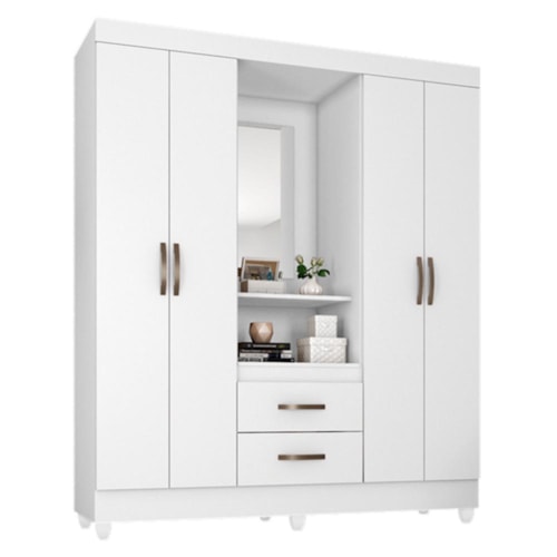 Guarda Roupa Capelinha Lite 4 Portas e 2 Gavetas Branco com Espelho - Móveis Leão