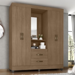 Guarda Roupa Capelinha Lite 4 Portas e 2 Gavetas Carvalho Oak com Espelho - Móveis Leão Guarda Roupa Capelinha Lite 4 Portas e 2 Gavetas Carvalho Oak com Espelho - Móveis Leão