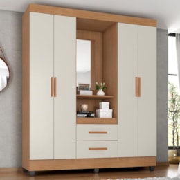 Guarda Roupa Capelinha Lite 4 Portas e 2 Gavetas Nature/Off White com Espelho - Móveis Leão 