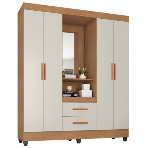Guarda Roupa Capelinha Lite 4 Portas e 2 Gavetas Nature/Off White com Espelho - Móveis Leão 