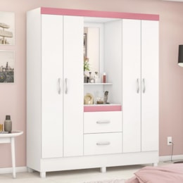 Guarda Roupa Capelinha Lord 4 Portas Branco/Rosa com Espelho - Demóbile Guarda Roupa Capelinha Lord 4 Portas Branco/Rosa com Espelho - Demóbile