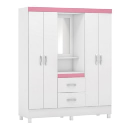 Guarda Roupa Capelinha Lord 4 Portas Branco/Rosa com Espelho - Demóbile Guarda Roupa Capelinha Lord 4 Portas Branco/Rosa com Espelho - Demóbile