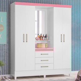 Guarda Roupa Capelinha Pérsia 4 Portas Branco/Rosa com Espelho - Demóbile Guarda Roupa Capelinha Pérsia 4 Portas Branco/Rosa com Espelho - Demóbile