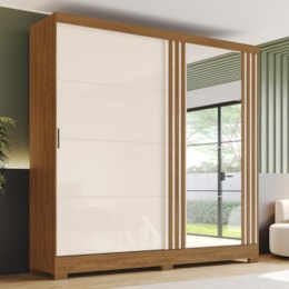Guarda Roupa Casal B352 Ripado 2 Portas Deslizantes Nature/Off White com Espelho - Móveis Briz  Guarda Roupa Casal B352 Ripado 2 Portas Deslizantes Nature/Off White com Espelho - Móveis Briz