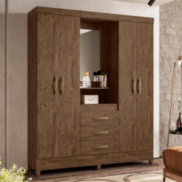 Guarda Roupa Casal Capelinha Capri 4 Portas e 3 Gavetas Castanho Wood com Espelho - Moval