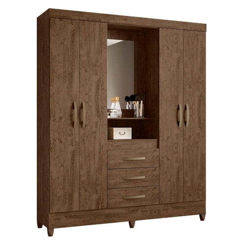 Guarda Roupa Casal Capelinha Capri 4 Portas e 3 Gavetas Castanho Wood com Espelho - Moval