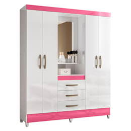 Guarda Roupa Casal Capelinha Capri 4 Portas e 3 Gavetas Color Flex Branco/Rosa com Espelho - Moval