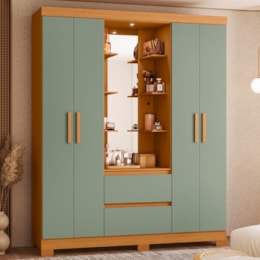 Guarda Roupa Casal Capelinha Olímpia 4 Portas e 2 Gavetas com Espelho Cinamomo/Sálvia - Móveis Albatroz