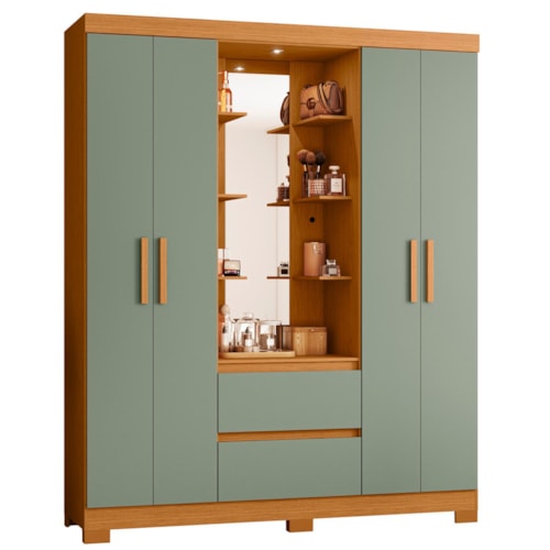 Guarda Roupa Casal Capelinha Olímpia 4 Portas e 2 Gavetas com Espelho Cinamomo/Sálvia - Móveis Albatroz