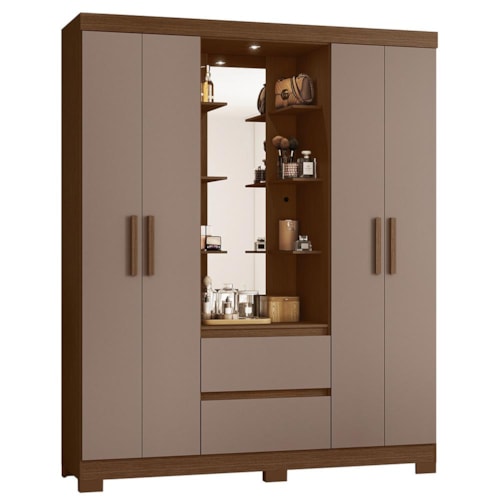 Guarda Roupa Casal Capelinha Olímpia 4 Portas e 2 Gavetas com Espelho Nogueira/Capuccino - Móveis Albatroz