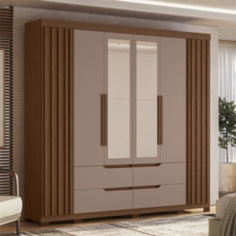 Guarda Roupa Casal Doble 4 Portas e 4 Gavetas com Espelho Nogueira/Capuccino - Móveis Albatroz