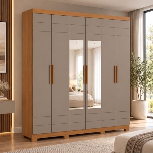 Guarda Roupa Casal Flora 6 Portas Cinamomo/Avelã com Espelho - Móveis Henn