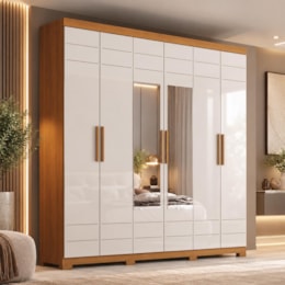 Guarda Roupa Casal Flora 6 Portas Cinamomo/Off White com Espelho - Móveis Henn