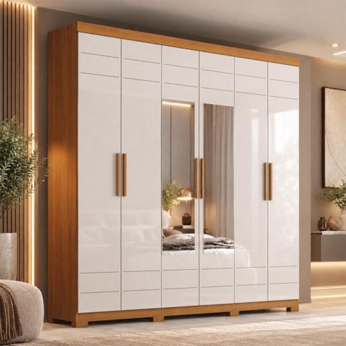 Guarda Roupa Casal Flora 6 Portas Cinamomo/Off White com Espelho - Móveis Henn
