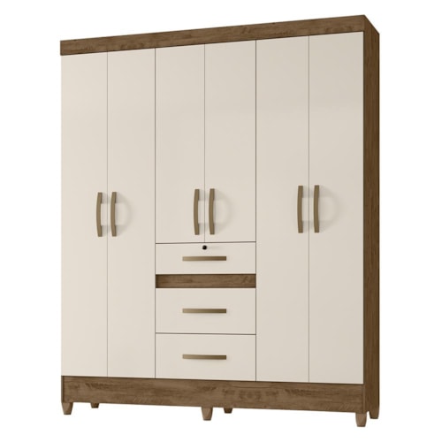 Guarda Roupa Casal Itatiba 6 Portas e 3 Gavetas Castanho Wood/Off White - Moval